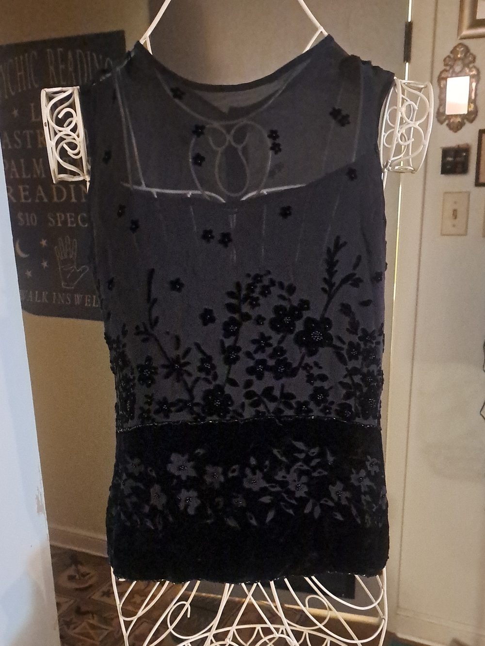 Vintage Silk Club Sleeveless Blouse With Beaded And Velvet  Embellishment, Sz L
